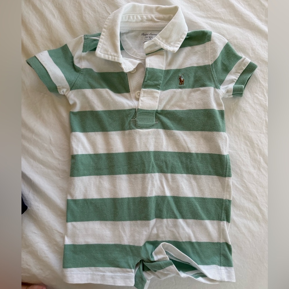 Infant Ralph Lauren Green & White Striped Polo Romper | EUC | Spring 6-12 months
